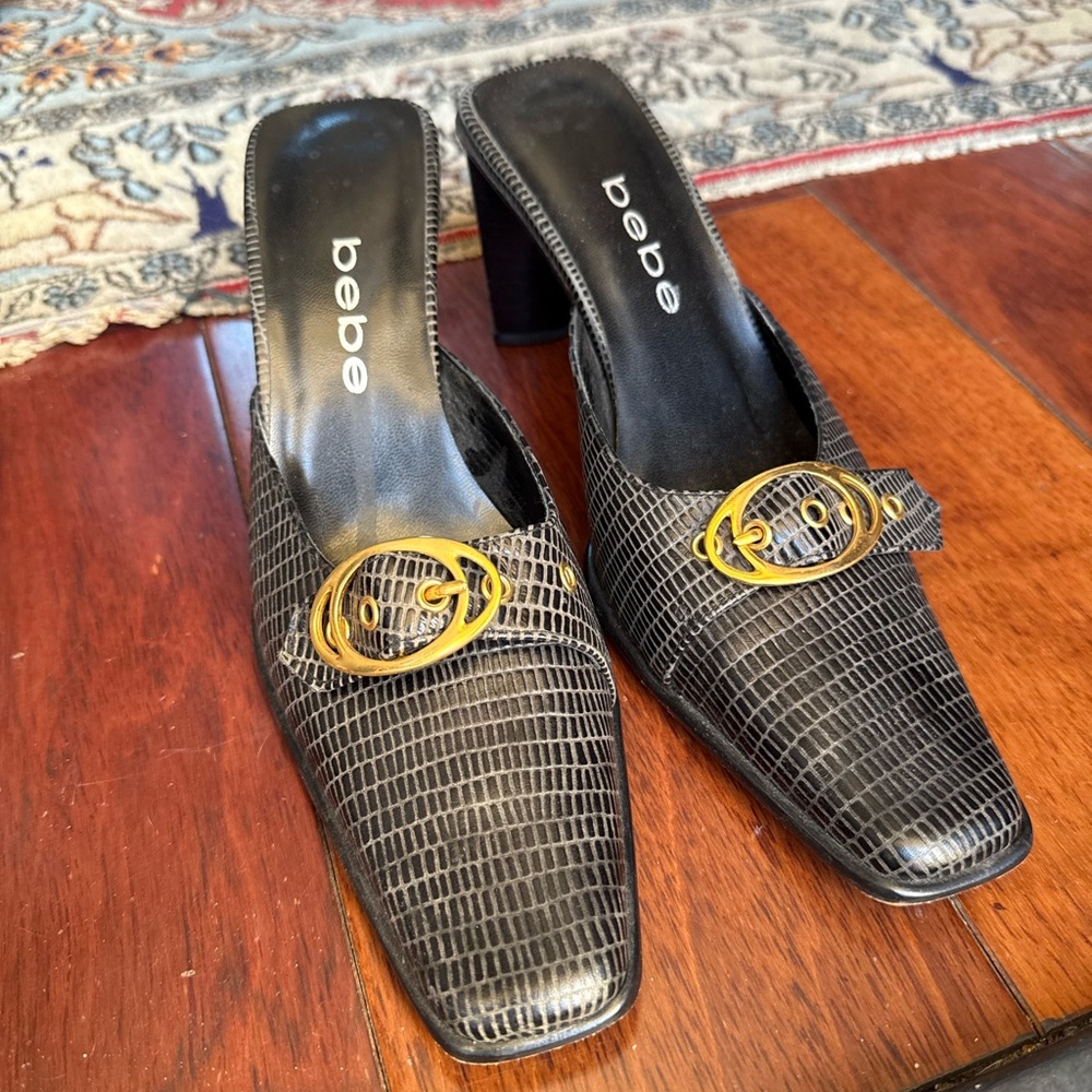 Vintage Bebe Mules Black with Gold Accent